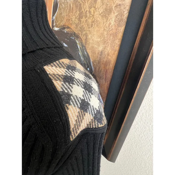 New Burberry Black Ribbed Turtleneck Sweater Plaid Elbow Patches XS (Fits M)